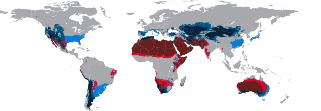 A map of the world showing which regions have the same climate zones found in Texas. Warm desert climates are found across northern Africa, the Middle East, and central Australia. Warm Semi-Arid climates are found across central South America, central Africa, eastern Eurasia, and north central Australia. Cold Semi-Arid climates are found across northern Eurasia and small areas of southern South America, southern Africa, and southern Australia. Warm Oceanic climates are found across eastern Eurasia, eastern Australia, and eastern South America.