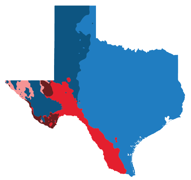 A map showing the climate zones of the state of texas. All of eastern Texas has a Warm Oceanic climate. Northern central Texas has a Cold Semi-Arid climate, and southern central Texas has a Warm Semi-Arid climate. The northern part of the panhandle in western Texas panhandle has a Cold Desert climate, and the southern part has a Warm desert climate, with Cold Semi-Arid climate areas in between.